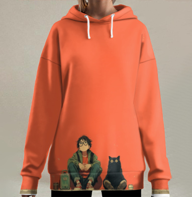 Мальчик с котом, Hoodie Long Oversize 3D