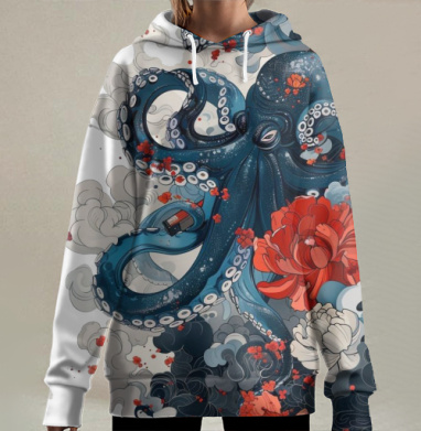 Осьминог с цветами, Hoodie Long Oversize 3D