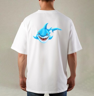 Жизнерадостный морской хищник мультяшная синяя акула Smiling Blue Shark, Футболка / Мужская / Оверсайз / С принтом на спине