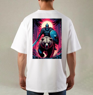 Viking Warrior Bear / Викинг на медведе в стиле ретроволна медведь воин фэнтези, Футболка / Мужская / Оверсайз / С принтом на спине