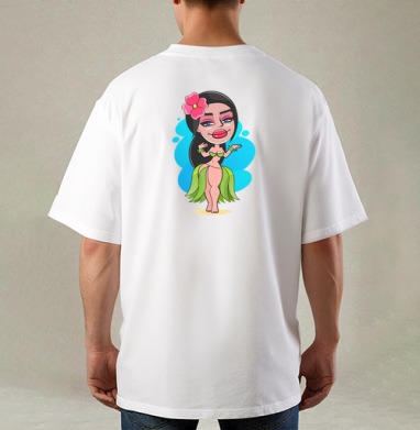 Веселая Гавайская Танцовщица с Цветком на Зеленом, Футболка / Мужская / Оверсайз / С принтом на спине