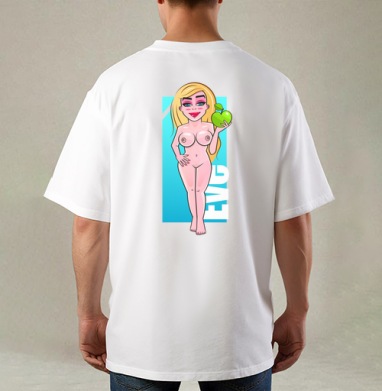 Nude Eve Apple / Красивая блондинка с сочным зеленым яблоком Ева Искушение Сад, Футболка / Мужская / Оверсайз / С принтом на спине