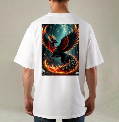 Fire Fox Phoenix Hybrid – Огненная лиса феникс в лесу мистический дух природы, Футболка / Мужская / Оверсайз / С принтом на спине