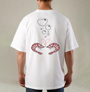 Розовые влюбленные креветки на голубом фоне с пузырьками и сердцем, Футболка / Мужская / Оверсайз / С принтом на спине