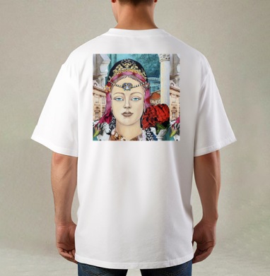 Величественная женщина в исторической архитектуре красных цветов, Футболка / Мужская / Оверсайз / С принтом на спине