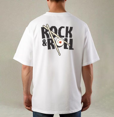 Рок-н-ролльная подача суши с черепом и палочками ROCK ROLL, Футболка / Мужская / Оверсайз / С принтом на спине