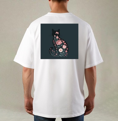 Изящный грациозный силуэт черного кота в розах Floral cat rose, Футболка / Мужская / Оверсайз / С принтом на спине