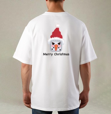 Агрессивный снеговик с красной шапкой и надписью Merry Christmas, Футболка / Мужская / Оверсайз / С принтом на спине