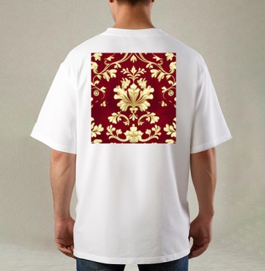 Золотой дамасский узор на темном бордовом фоне Golden damask pattern, Футболка / Мужская / Оверсайз / С принтом на спине