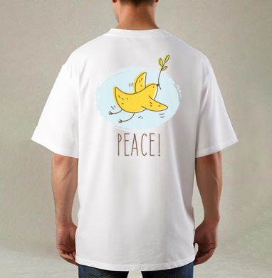 Банан-птица 'PEACE!' — символ мира и юмора, Футболка / Мужская / Оверсайз / С принтом на спине