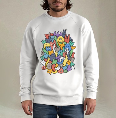 Весёлое собрание мультяшных монстров doodle art, Свитшот мужской белый