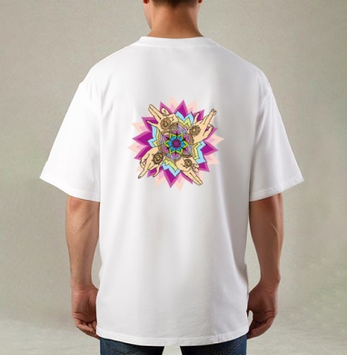 Lotus Mandala / Лотосовая мандала с четырьмя руками создающая покой в движении, Футболка / Мужская / Оверсайз / С принтом на спине