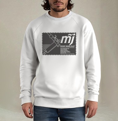Стилизованный автомат Калашникова с логотипом MJ и надписями READY MADE Stuff, Свитшот мужской белый