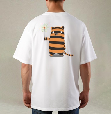 Derpy Tiger/Дерпи Тигр с бенгальским огнем в моменте маленького личного праздника, Футболка / Мужская / Оверсайз / С принтом на спине