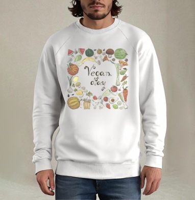 Овощи фрукты ягоды зелень зеленом фоне Vegan day, Свитшот мужской белый