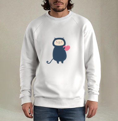 Милый котик с розовым сердцем в kawaii стиле, Свитшот мужской белый