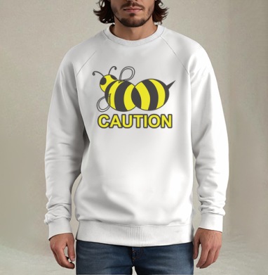 Стильная наклейка пчела с надписью CAUTION, Свитшот мужской белый