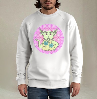 Гремлин в жилете на розовом фоне абстрактом фоне, Свитшот мужской белый