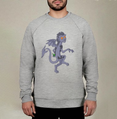 Игривый демон с зелёным яблоком – мультяшный персонаж, Свитшот мужской меланж начес/петля
