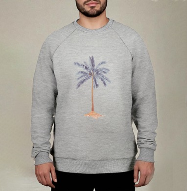 Одиночная пальма синие листья коричневый ствол элегантность простота природы, Свитшот мужской меланж начес/петля