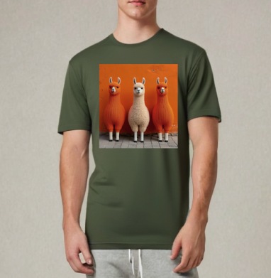 Llamas in orange sweaters / Ламы в ярких свитерах у оранжевой стены, Футболка мужская REGULAR темный хаки