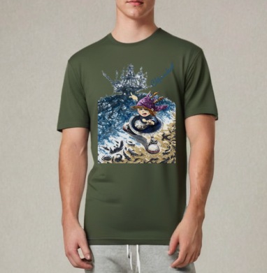 Ребенок исследует море среди крабов и парусник Стрепка, Футболка мужская REGULAR темный хаки