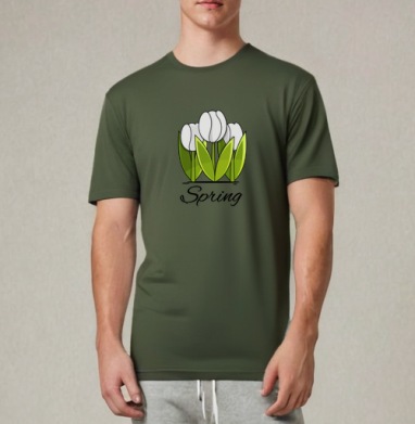 Белые тюльпаны и зелёные листья весна надпись Spring, Футболка мужская REGULAR темный хаки