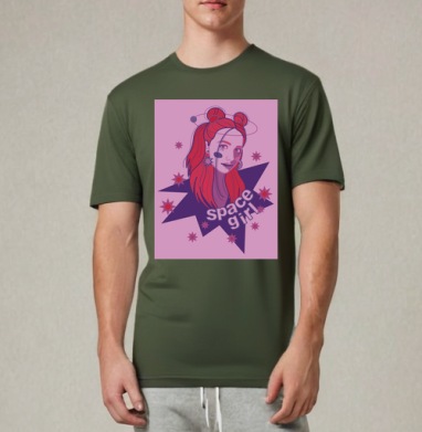 Девушка с красными волосами и космосом вокруг space girl - Магазин футболок Kosinskaya