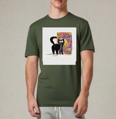 Черный кот с новогодними ленточками Новый год к нам, Футболка мужская REGULAR темный хаки