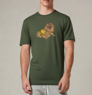 Немецкий шпиц в желтом платье сидит вместе, Футболка мужская REGULAR темный хаки