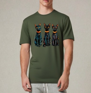 Три черных кота с оранжевыми глазами / Three Black Cats with Orange Eyes, Футболка мужская REGULAR темный хаки