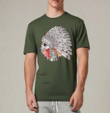 Индейский череп с перьями, Футболка мужская REGULAR темный хаки