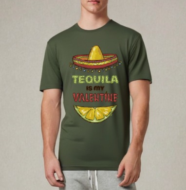 Открытка «Tequila is my Valentine» с юмором, Футболка мужская REGULAR темный хаки