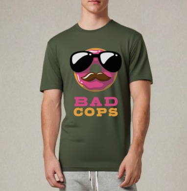 Стилизованный принт BAD COPS с пончиком и усами, Футболка мужская REGULAR темный хаки