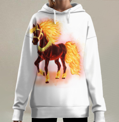 Огненный конь с яркой гривой и хвостом шагает уверенно, Hoodie Long Oversize 3D