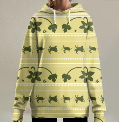 Желто зеленые цветочные полосы с растительными мотивами полосы, Hoodie Long Oversize 3D