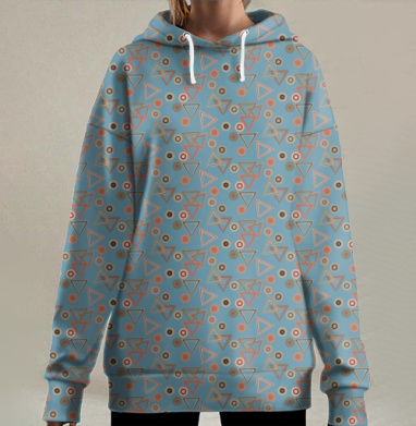 Голубой геометрический узор с треугольниками и кругами, Hoodie Long Oversize 3D