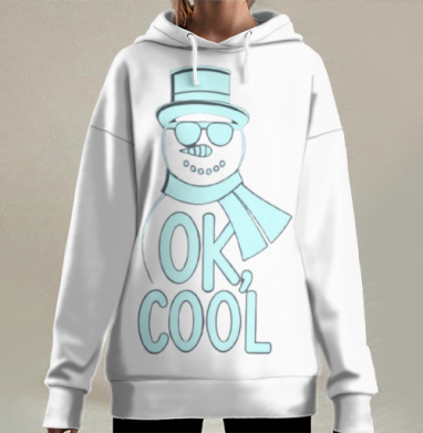 Снеговик с надписью ОК КРУТО в голубом цвете, Hoodie Long Oversize 3D