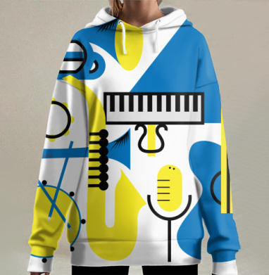 Музыкальные инструменты синие желтые и черные на сером фоне, Hoodie Long Oversize 3D