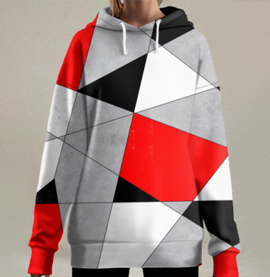 Красно чёрно белая геометрия динамика и баланс, Hoodie Long Oversize 3D