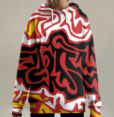 Красно чёрно жёлтая абстракция динамики, Hoodie Long Oversize 3D