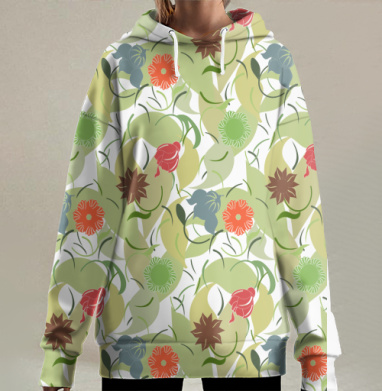 Флористическая композиция светло зеленый красный коричневый, Hoodie Long Oversize 3D