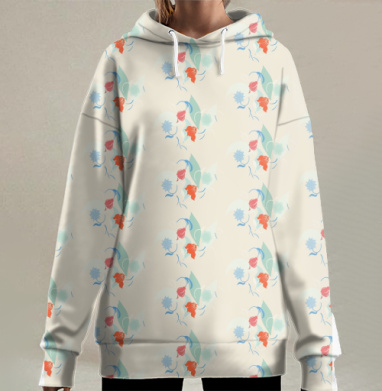 Мягкие цветы в бежевых голубых морковных тонах натуральный фон, Hoodie Long Oversize 3D