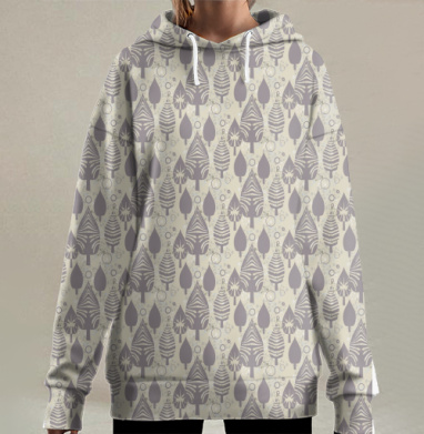 Серый узор с абстрактными листьями на фоне, Hoodie Long Oversize 3D