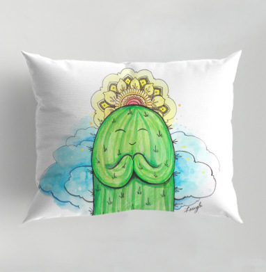 Спокойный медитирующий кактус с позитивной надписью be cactus, Подушка декоративная 50х70 см