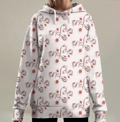 Винтажные цветочные завитки коричневый бордовый нежность, Hoodie Long Oversize 3D