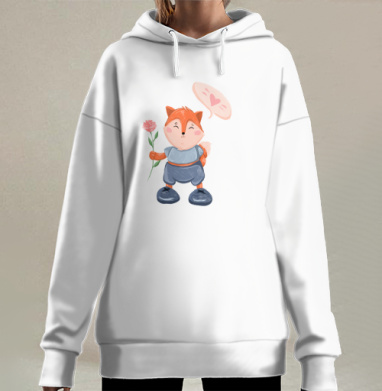 Влюбленный лисенок с цветком улыбается нежно эмоции теплые, Hoodie Long Oversize 3D