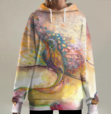 Яркая акварельная картина с птицей в абстрактном стиле, Hoodie Long Oversize 3D