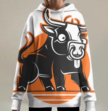 Весёлый мультяшный бык с ярким оранжевым фоном, Hoodie Long Oversize 3D