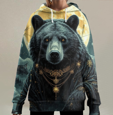 Элегантный медведь в золотом плаще при свете луны, Hoodie Long Oversize 3D